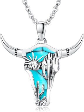 Women's Silver A Sterling Turquoise Pendant Highland Cow Skull Western Necklace